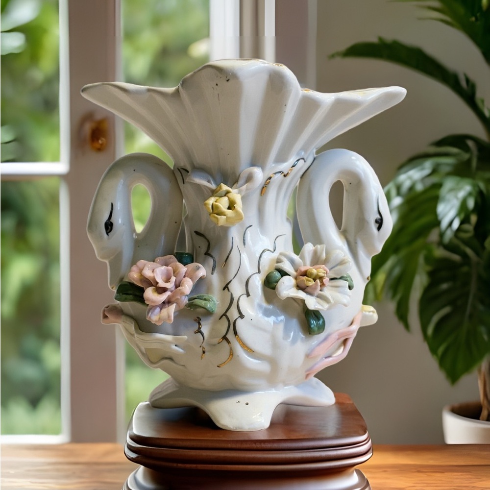 Elegant White Ceramic Swan Vase with Floral Design